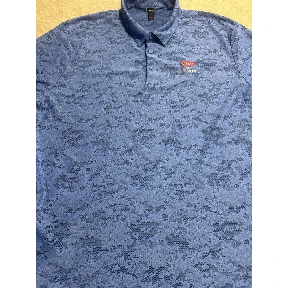 Adidas Polo Shirt Mens 2XL Blue Camo Golf Performance Logo US OPEN 123RD‎ Preppy